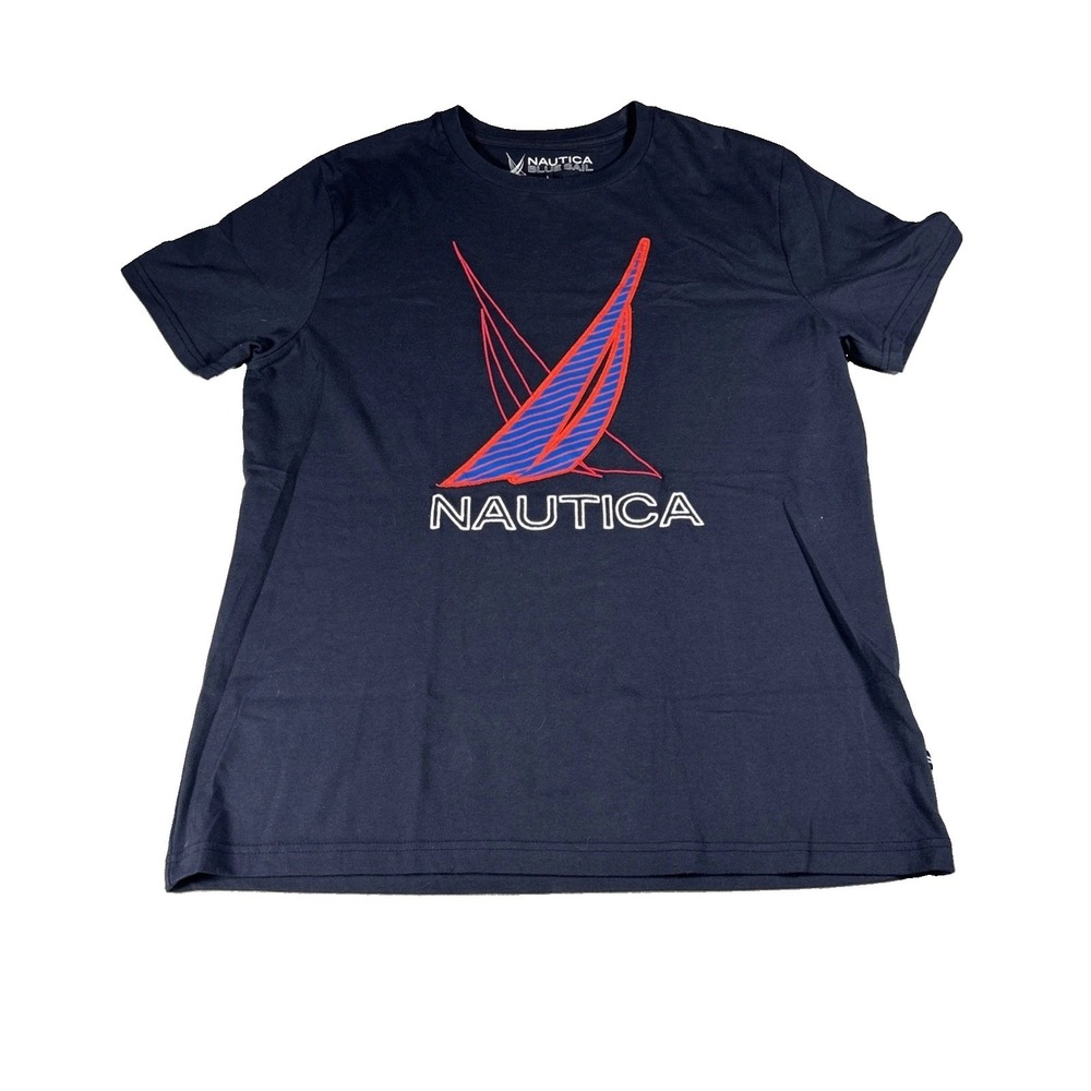 Nautica Blue Sail Sailboat Shirt Mens L Embroidered Nautical 100% Cotton Sailing